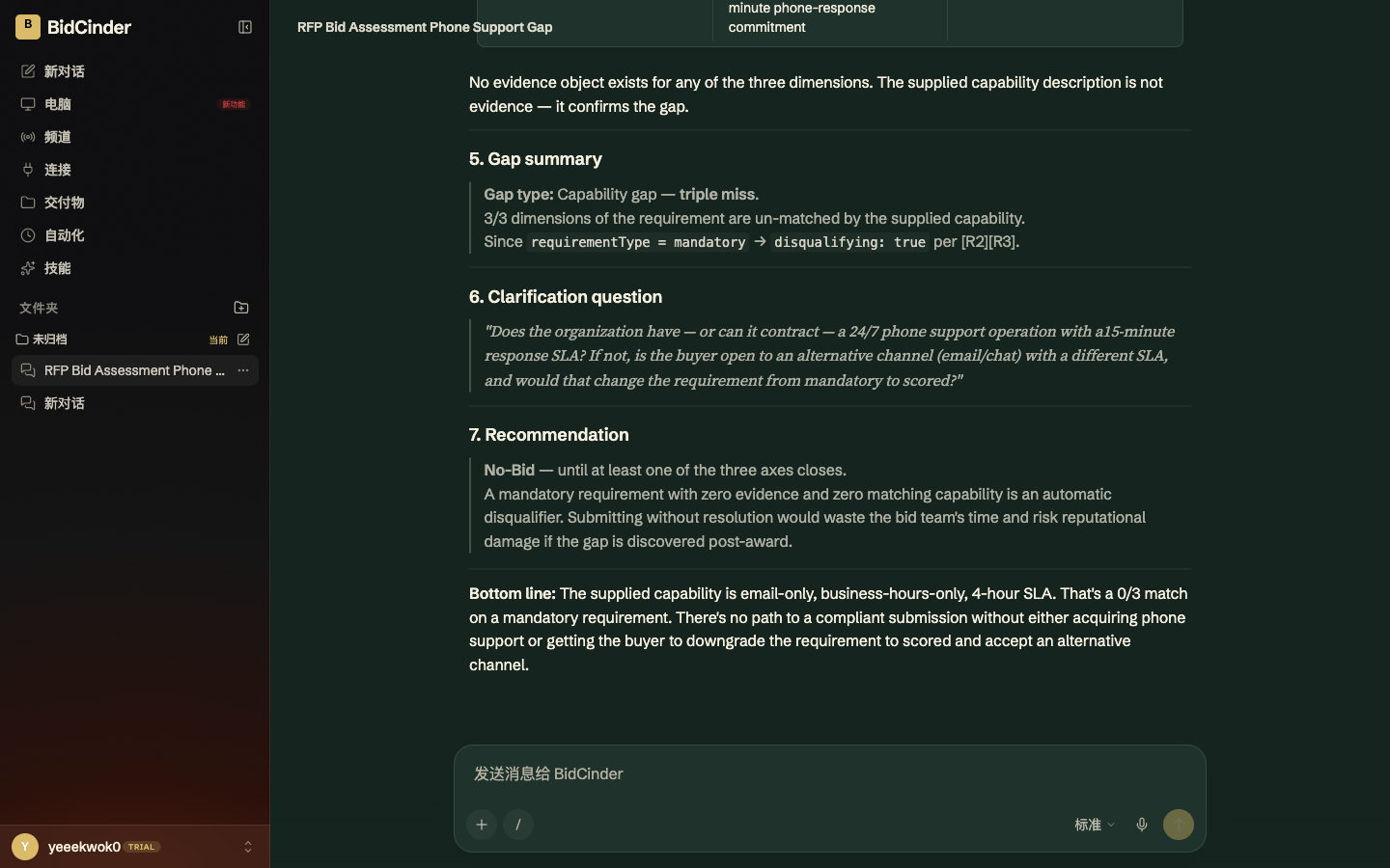 BidCinder requirement review showing a three-part capability gap, clarification question, and no-bid recommendation